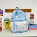 Blue gingham student backpack with cute heart front pocket and star patches for daily school use. - Large (No Pendant) / Blue