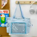 Light blue student ita bag with lace trim, transparent front window and crossbody strap for daily use. - Blue (Without Pearl Lace Pendant)