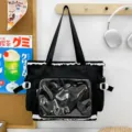 Black ita shoulder bag with lace trim, large capacity messenger bag for student daily commute. - Black (Without Pearl Lace Pendant)
