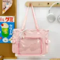 Pink canvas itabag with clear window and ribbon bow, perfect student daily commute shoulder bag. - Pink with Pearl Lace Pendant