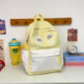 Cute yellow plaid backpack for women, large capacity student school bag with cute star patches. - Large (No Pendant) / Yellow