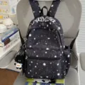 Stylish star print canvas backpack large capacity casual school bag for daily commute. - With Charm / Black