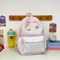 Pink Gingham Korean Style Canvas Backpack Cute School Bag for Women Large Capacity Student Bag - Large (No Pendant) / Pink
