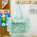 Mint Green Ita Bag Canvas Crossbody Shoulder Bag with Clear Pocket and Lace Trim - Green with Pearl Lace Pendant