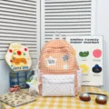 Korean style cute orange plaid backpack with heart front pocket for student school bag. - Small (With Charm) / Orange