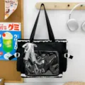Black Ita bag with clear window, cute lace trim and pearl ribbon bow, perfect for students. - Black with Pearl Lace Pendant