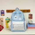 Blue and white gingham backpack, sweet campus style, cute polka dot front pocket, large capacity. - Large (With Charm) / Blue