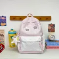 Pink gingham heart pattern student school backpack, cute Korean style large capacity bag. - Large (With Charm) / Pink