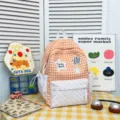 Orange gingham and white heart polka dot backpack student school bag with front pocket. - Small (No Pendant) / Orange