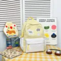 Cute yellow gingham canvas backpack with polka dot pocket, Korean style sweet student school bag. - Small (No Pendant) / Yellow