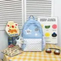 Korean style cute sweet campus blue gingham backpack with white polka dot pocket for women. - Small (With Charm) / Blue