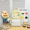 Korean style cute yellow gingham canvas backpack with heart pattern and star patches for girls. - Small (With Charm) / Yellow