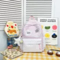 Korean style cute pink plaid backpack with heart pocket and star pendant for students daily use. - Small (With Charm) / Pink