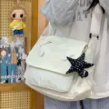 Sweet canvas messenger bag with angel wings and star pendant, casual student shoulder bag. - Angel Wings & Star Pendant / White
