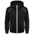 Close-up detail view of black zip-up hoodie featuring contrast white stitching and front zipper. - M / Tops / Black