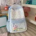Japanese style sweet star pattern school backpack with clear front pocket for student daily use. - No Pendant / Blue