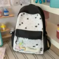 Japandi cute star pattern school backpack with clear front pocket for daily casual use. - With Star Bone Pendant / Black