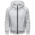 White zip-up hoodie detail view showcasing contrast black stitching, zipper, and pocket trims. - M / Tops / White