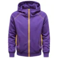 Detail view of the purple zip-up hoodie featuring contrast yellow zipper and matching pocket trims. - Purple