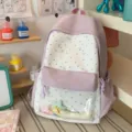 Cute star print backpack casual sweet school bookbag with clear front pocket for daily use. - With Star Bone Pendant / Purple
