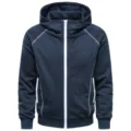 Dark blue hooded zip-up sweatshirt, detailed with white contrast stitching and zipper. - M / Tops / Blue