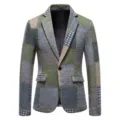 Men's woolen tweed patchwork vintage blazer jacket casual single button suit detail - M / Tops / Green