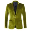Gros plan sur les détails du blazer en velours vert pour homme, bouton unique, doublure douce. - M / Top (X08) / Vert olive