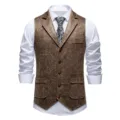 Men Vintage Suede Print Suit Vest Lapel Slim Fit Single Breasted Casual Formal Waistcoat - S / Tops / Coffee