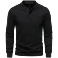Black cotton stretch long sleeve henley t-shirt detail showing collar button placket. - M / Tops / Black