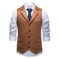 Men's vintage printed suede lapel waistcoat with white shirt and blue tie detail. - Dark Brown