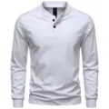 Men's white long sleeve henley t-shirt detail view, soft cotton blend slim fit casual top. - M / Tops / White