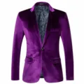 Men's Purple Velvet Slim Fit Casual Blazer Jacket Stylish Single Button Suit Outerwear - Purple