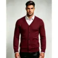 Cardigan en tricot col V pour homme avec boutons couleur bordeaux classique coupe ajustée. - M / Hauts / Bordeaux