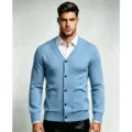 Men's light blue V-neck knit cardigan sweater with front buttons and dual pockets. - M / Tops / Blue