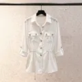 Women's lightweight chiffon utility blouse with lapel, drawstring waist and roll-up sleeves. - S / Tops / White