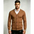 Men's solid color V-neck knit cardigan sweater with pockets for autumn winter casual wear. - M / Tops / Caramel color