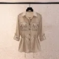 Casual Women Chiffon Blouse Drawstring Waist Utility Shirt Rolled Sleeves Khaki Top - S / Tops / Khaki