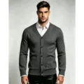 Men's solid grey V-neck slim fit knit cardigan sweater casual long sleeve outerwear. - M / Tops / Dark Gray