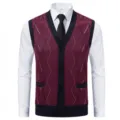 Men's V-neck knit cardigan sweater vest, wine red diamond pattern, slim fit autumn winter inner wear. - L / Tops / Red