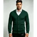 Men's solid color V-neck slim fit cardigan sweater in dark green with buttons and pockets. - M / Tops / Dark Green