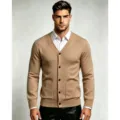 Men's casual V-neck knit cardigan sweater in solid camel color with front pockets and buttons. - M / Tops / Light Coffee