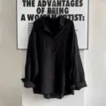 Black textured long sleeve button down shirt, stylish casual loose fit oversized blouse. - Black