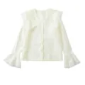 White lace collar bell sleeve lightweight blouse detail view, elegant fashion shirt - S / Tops / White