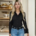 Black long sleeve pocket lapel shirt top detail view, stylish casual apparel for women. - S / Tops / Black