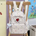 Sac à dos en toile à carreaux style japonais avec broderie amour et pendentif cœur mignon - Grand (Avec Pendentif) / Kaki