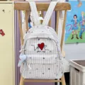 Sac à dos à carreaux décontracté pour femme, joli cartable brodé de cœur et grand espace. - Grand (Avec Pendentif) / Noir
