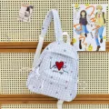 Sac à dos d'école à carreaux bleus et blancs avec broderie cœur rouge, sac de voyage mignon. - Petit (Sans Pendentif) / Bleu