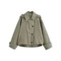 Women short hooded trench coat casual buttoned jacket green fashion outerwear details - XS / Army Green