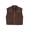 Women brown stand collar zip up vest casual commuter sleeveless top outerwear stylish new fashion - S / Coffee