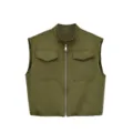 Olive green stand collar zip vest with dual chest pockets, casual sleeveless outerwear. - S / Green